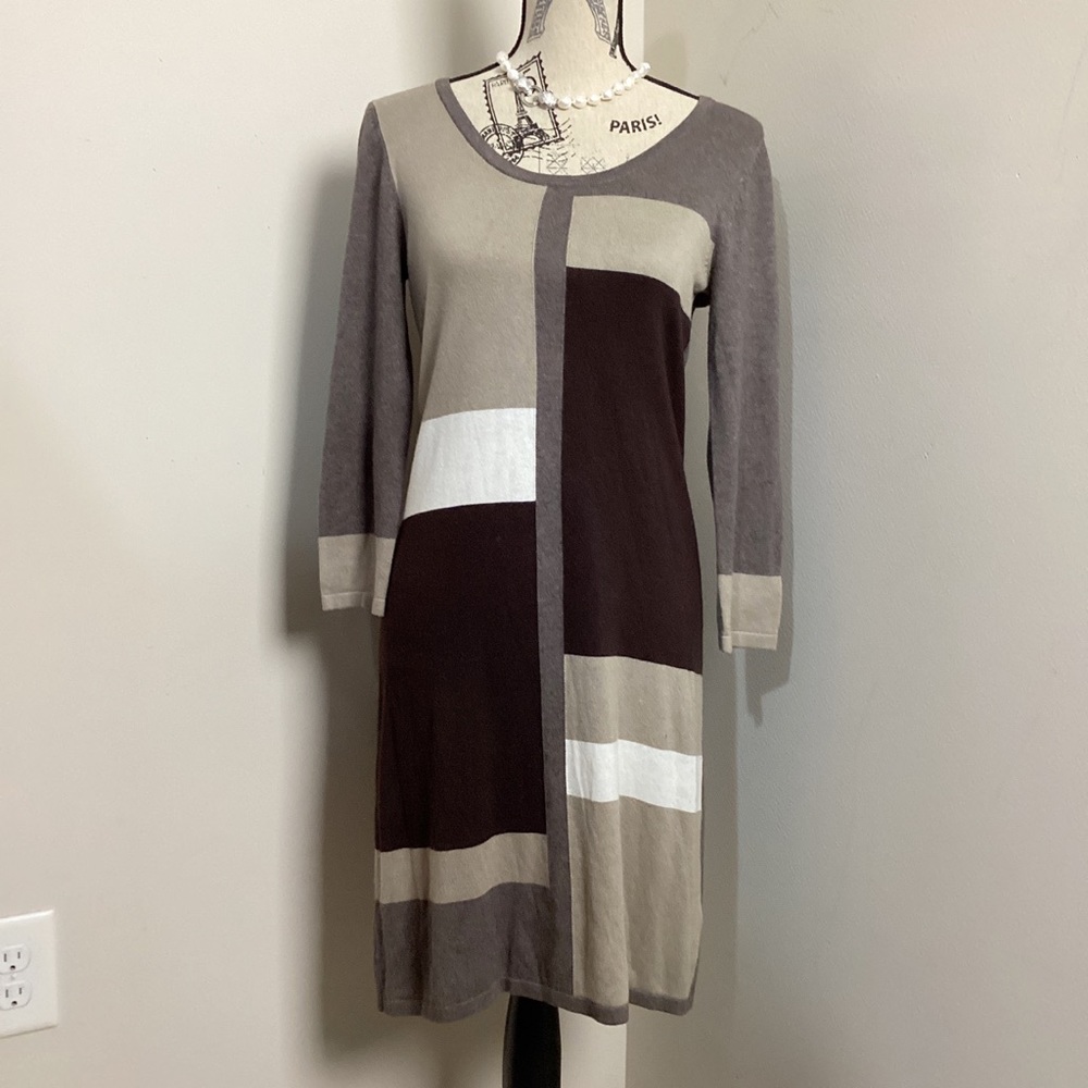 .058 Spence Women’s BrownGrey ColorBlocking MIDI Knit Dress Long Sleeves